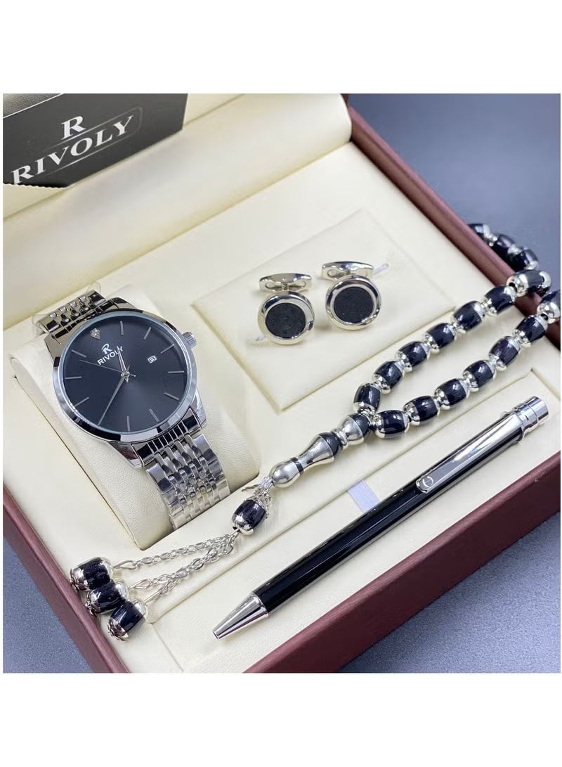 طقم رجالي من الستانلس ستيل مكون من ساعة وسبحة وقلم وازرار اكمام القمصان